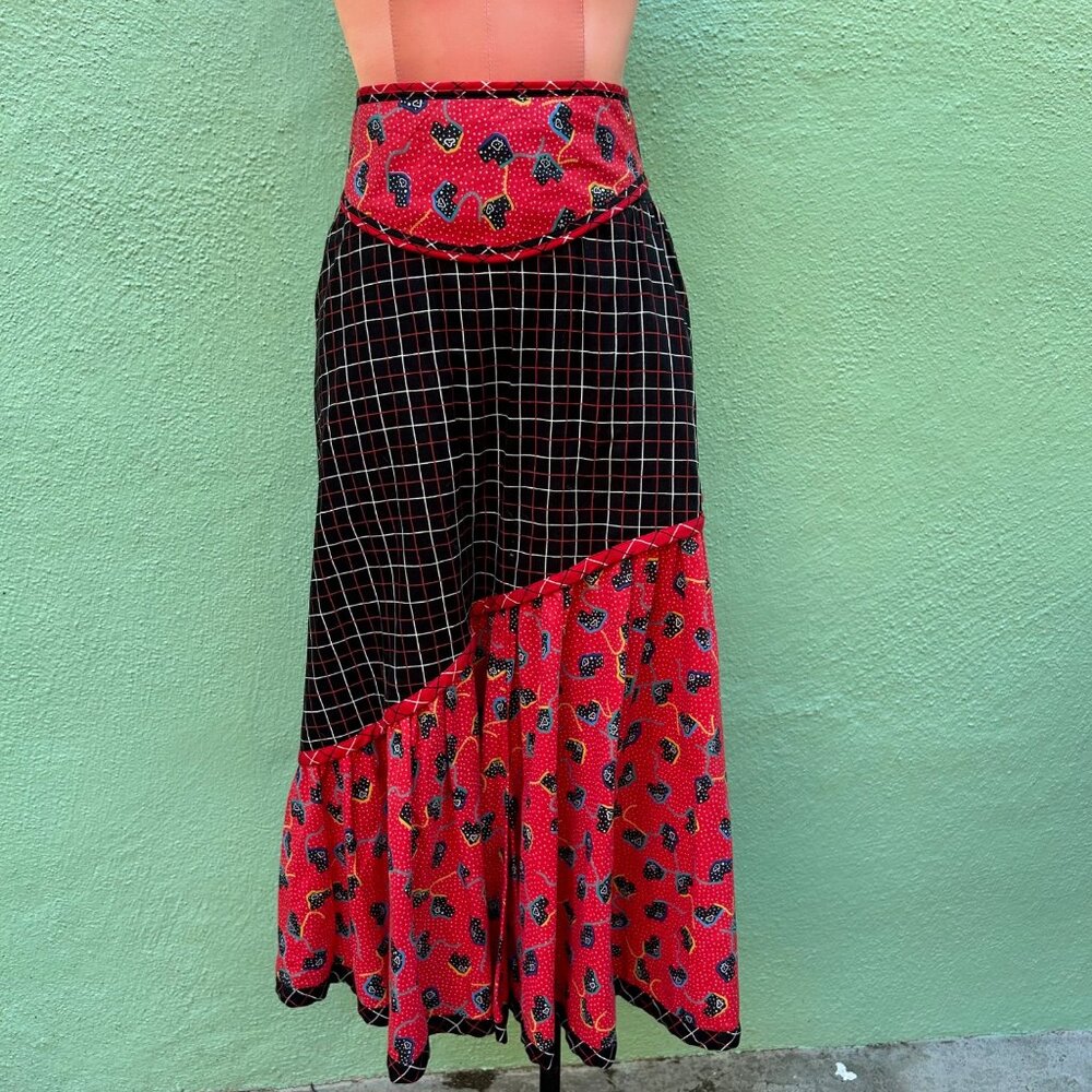 Jeanne Marc Window Pain Geometric Skirt w/Belt Long Red Black Women Elastic S - Picture 2 of 7